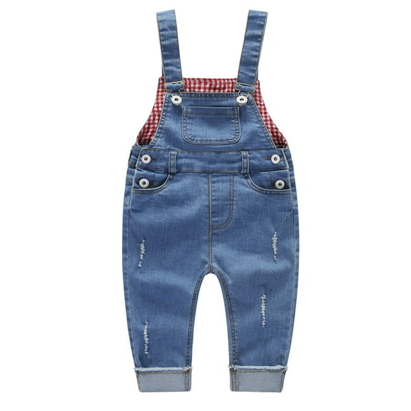KIDSCOOL SPACE Baby Little Boys Girls Denim Overalls,Cute Plaid Lining Jean Workwear,Light Blue,3-4 Years