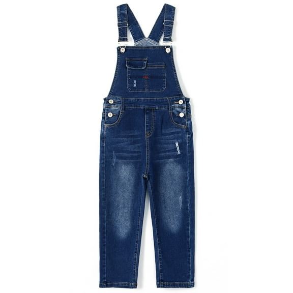 KIDSCOOL SPACE Baby Little Boys Slim Fit Jeans,Toddler Ripped Bib Pocket Fashion Denim Overalls,Deep Blue,2-3 Years