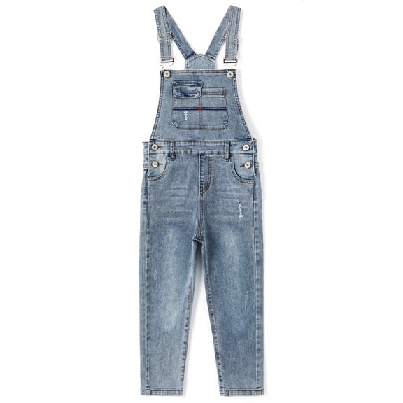 KIDSCOOL SPACE Baby Little Boys Slim Fit Jeans,Toddler Ripped Bib Pocket Fashion Denim Overalls,Light Blue,12-18 Months