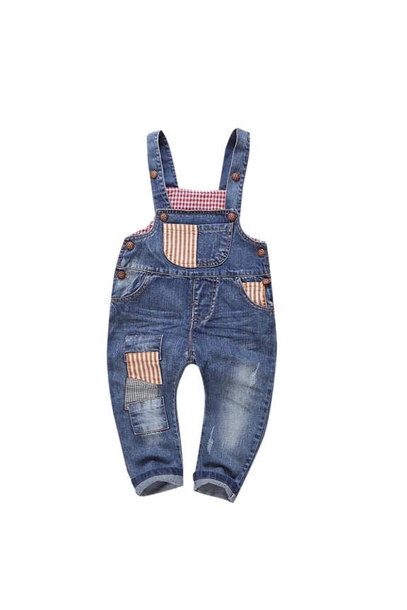 Baby Little Boys girls Plaid Lining Patchwork Denim Overalls Jeans,Blue, 18-24 Months