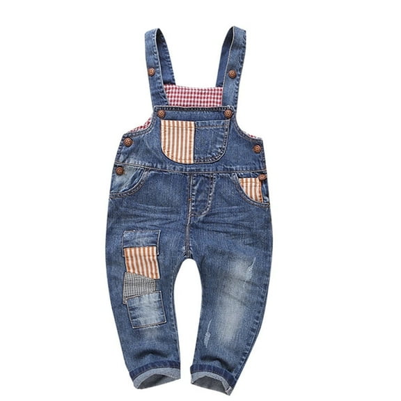 KIDSCOOL SPACE Baby Little Boys girls Plaid Lining Patchwork Denim Overalls Jeans,Blue, 2-3 Years