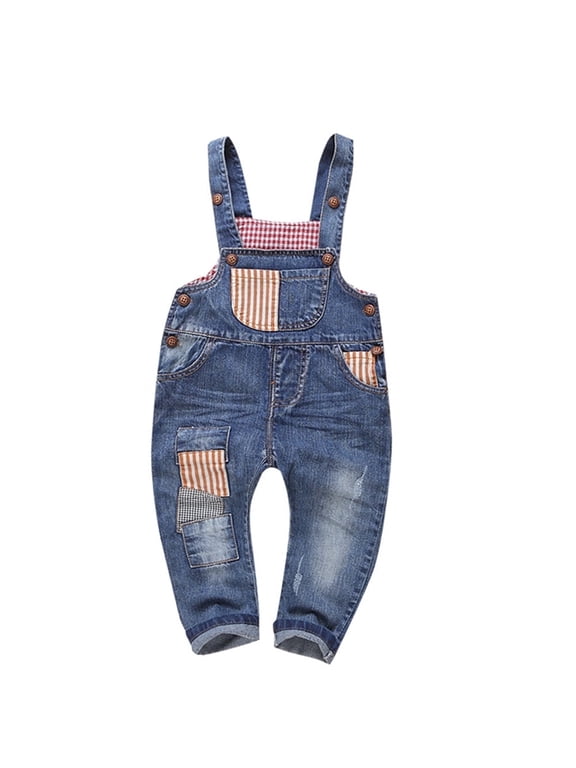 Baby Little Boys girls Plaid Lining Patchwork Denim Overalls Jeans,Blue, 2-3 Years