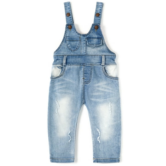 KIDSCOOL SPACE Baby Little Boys girls Water Washed Ripped Soft Denim Overalls,2-3 Years