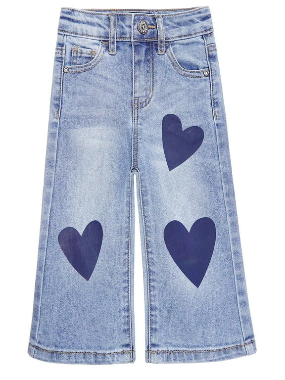 Baby Little Girl Jeans, Heart Printed Wide Leg Flared Hem Denim Pants,Light Blue,18-24 Months