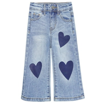 KIDSCOOL SPACE Baby Little Girl Jeans, Heart Printed Wide Leg Flared Hem Denim Pants,Light Blue,3-4 Years