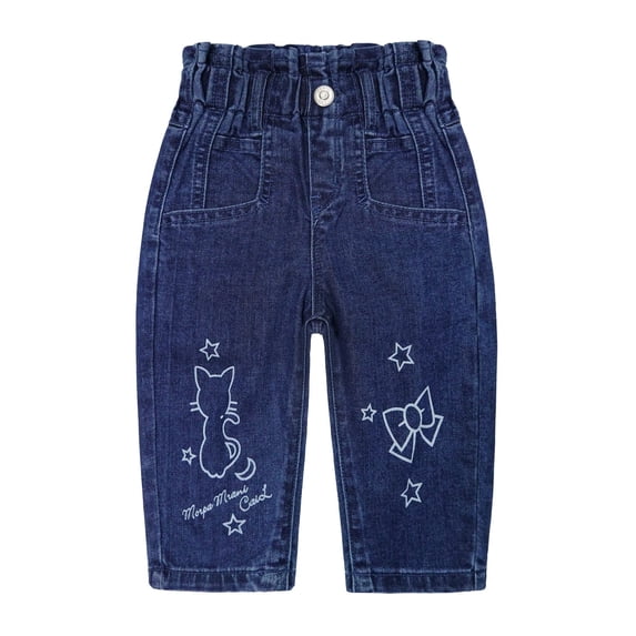 KIDSCOOL SPACE Baby Little Girl Jeans,Paperbag Elastic Waist Cute Printed Denim Pants,Deep Blue,2-3 Years