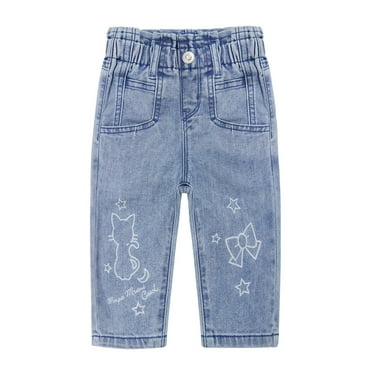 KIDSCOOL SPACE Baby Little Girl Jeans,Paperbag Elastic Waist Cute Printed Denim Pants,Light Blue,3-4 Years