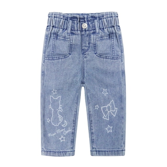 KIDSCOOL SPACE Baby Little Girl Jeans,Paperbag Elastic Waist Cute Printed Denim Pants,Light Blue,3-4 Years