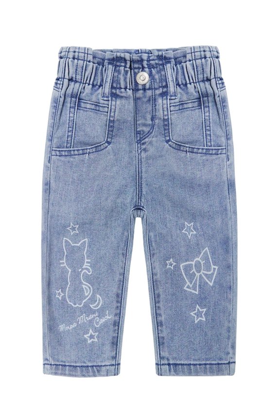 Baby Little Girl Jeans,Paperbag Elastic Waist Cute Printed Denim Pants,Light Blue,4-5 Years