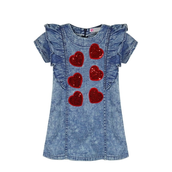KIDSCOOL SPACE Baby Little Girl Red Heart Sequin Decoration Denim Dress,Blue,2-3 Years