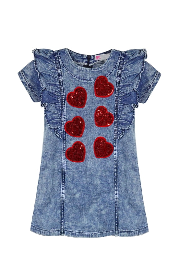 Baby Little Girl Red Heart Sequin Decoration Denim Dress,Blue,3-4 Years