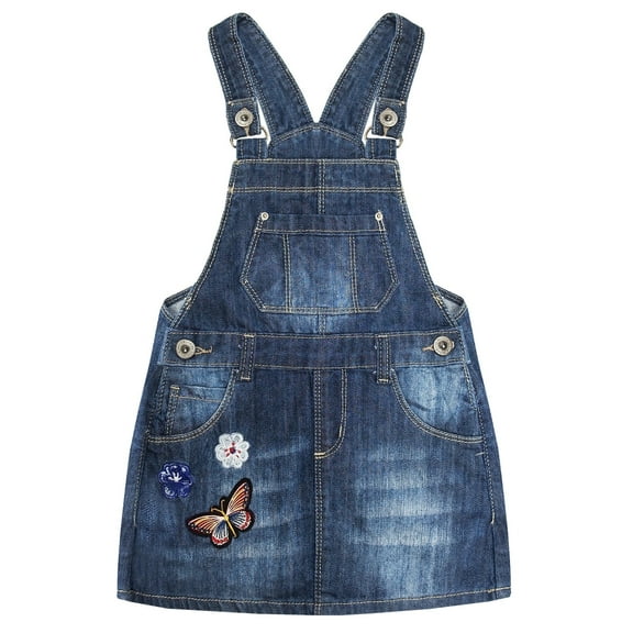 KIDSCOOL SPACE Baby Little Girls Butterfly Flowers Embroidered Lace Denim Overall Dress, Blue,9-10 Years