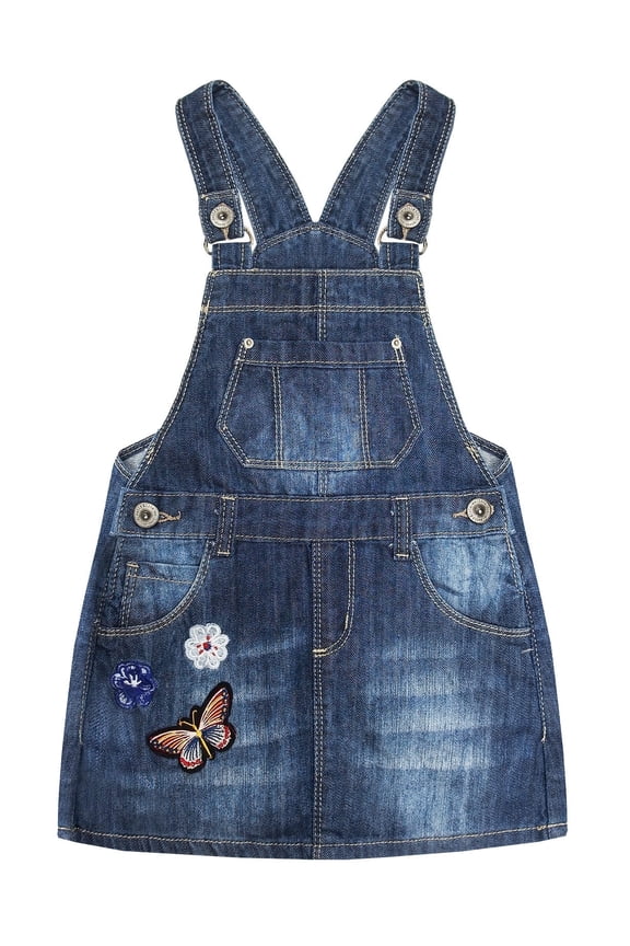 Baby Little Girls Butterfly Flowers Embroidered Lace Denim Overall Dress, Blue,9-10 Years
