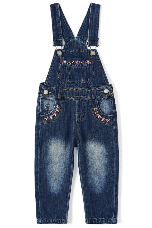 Baby & Little Girls Denim Overalls,Jean Workwear,Deep Blue,12-18 Months