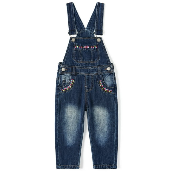 KIDSCOOL SPACE Baby & Little Girls Denim Overalls,Jean Workwear,Deep Blue,18-24 Months