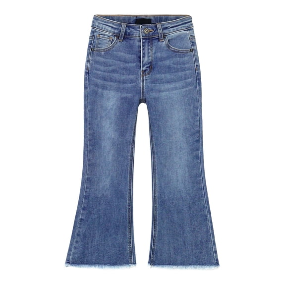 KIDSCOOL Toddler Little Girls Flare Denim Jeans Frayed Hem Bootcut Pants,Light Blue,12-18 Months