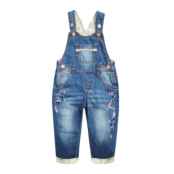 KIDSCOOL SPACE Baby&Little Girls Flower Embroidered Washed Cotton Denim Overalls,Blue,2-3 Years