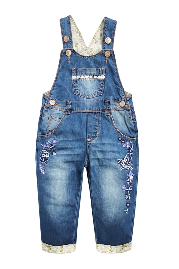 Baby&Little Girls Flower Embroidered Washed Cotton Denim Overalls,Blue,6-9 Months