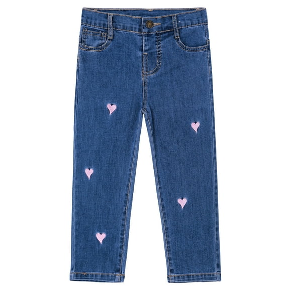 KIDSCOOL SPACE Baby Little Girls Jeans,Pink Heart Shapped Embroidered Strechy Denim Soft Slim Pants,Blue,3-4 Years