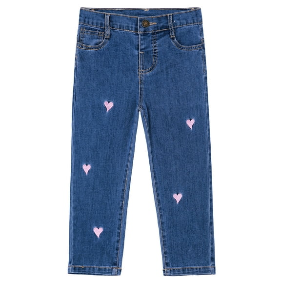 KIDSCOOL SPACE Baby Little Girls Jeans,Pink Heart Shapped Embroidered Strechy Denim Soft Slim Pants,Blue,9-12 Months