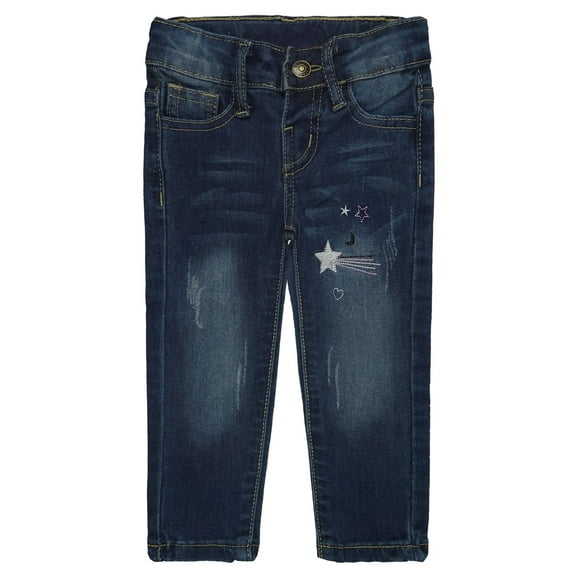 KIDSCOOL SPACE Baby Little Girls Jeans,Ripped Color Stars Embroidered Strechy Denim Soft Slim Pants,Deep Blue,12-18 Months