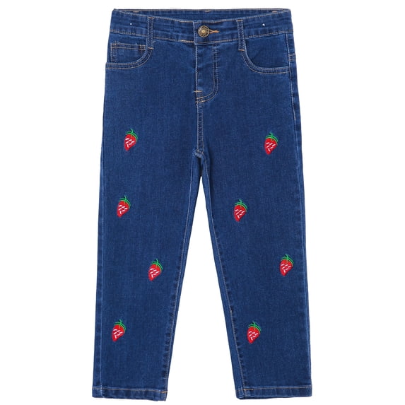 KIDSCOOL SPACE Baby Little Girls Jeans,Strawberry Embroidered Strechy Denim Soft Slim Pants,2-3 Years
