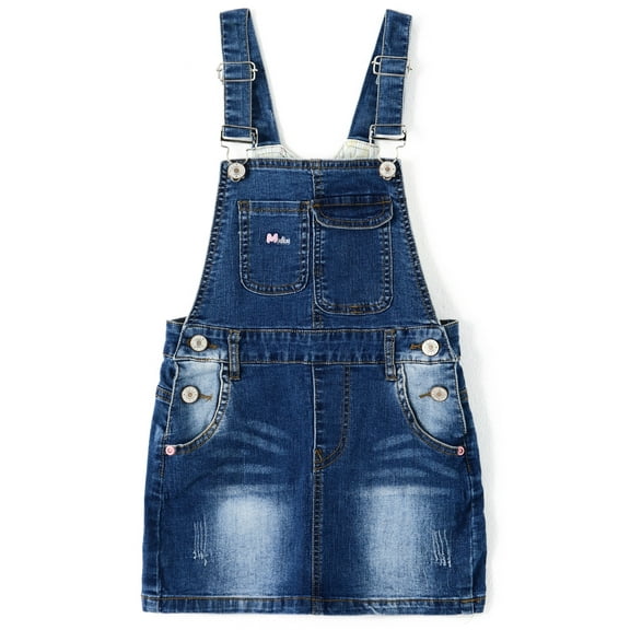 KIDSCOOL SPACE Baby Little Girls Skirt,Ripped Soft Strechy Denim Girls Summer Overalls Dress,Deep Blue,5-6 Years