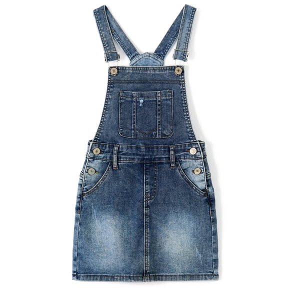 KIDSCOOL SPACE Baby Little Girls Skirt,Ripped Soft Strechy Denim Girls Summer Overalls Dress,Deep Blue,7-8 Years
