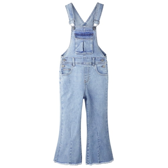 KIDSCOOL SPACE Girls Denim Flared Overalls Pants, Deep Heel Pockets Bell Bottom Raw edge Pants Hem Dungarees,LightBlue,12-13 Years