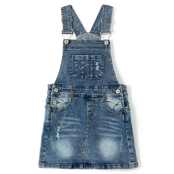 KIDSCOOL SPACE Baby Little Girls Skirt,Ripped Soft Strechy Denim Girls Summer Overalls Dress,Light Blue,6-7 Years