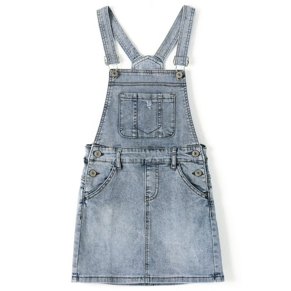 KIDSCOOL SPACE Baby Little Girls Skirt,Ripped Soft Strechy Denim Girls Summer Overalls Dress,Light Blue,6-7 Years