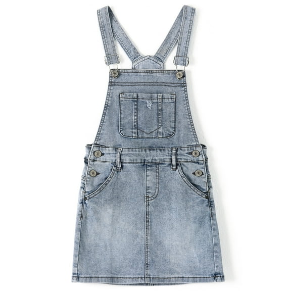 KIDSCOOL SPACE Baby Little Girls Skirt,Ripped Soft Strechy Denim Girls Summer Overalls Dress,Light Blue,7-8 Years