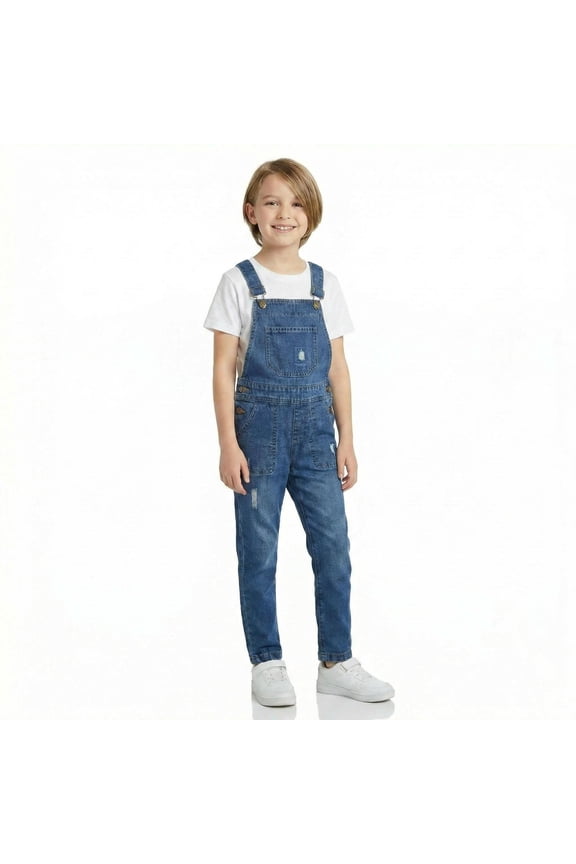 Big Boys Denim Overalls,Ripped Holes Elastic Band Inside Jeans Workwear,Blue,7-8 Years