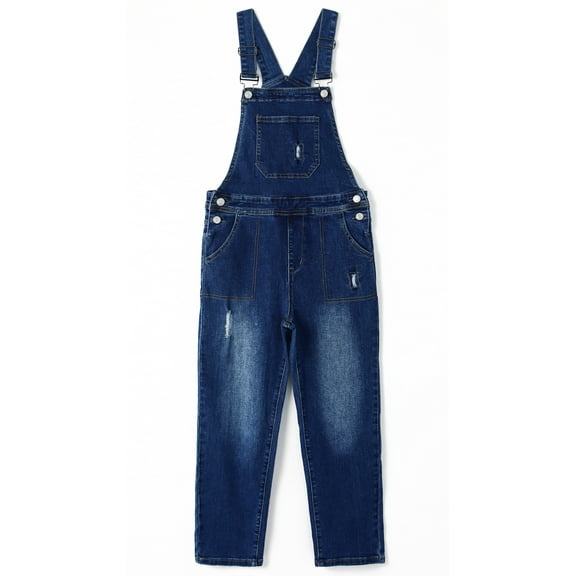 KIDSCOOL SPACE Big Boys Denim Overalls,Ripped Holes Elastic Band Inside Jeans Workwear,Blue,9-10 Years
