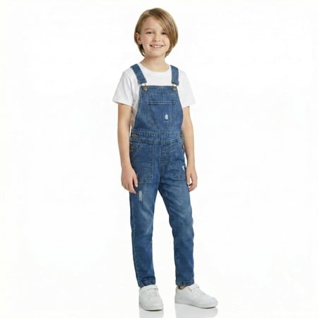 KIDSCOOL SPACE Big Boys Denim Overalls,Ripped Holes Elastic Band Inside Jeans Workwear,Blue,9-10 Years