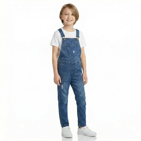 KIDSCOOL SPACE Big Boys Denim Overalls,Ripped Holes Elastic Band Inside Jeans Workwear,Blue,9-10 Years