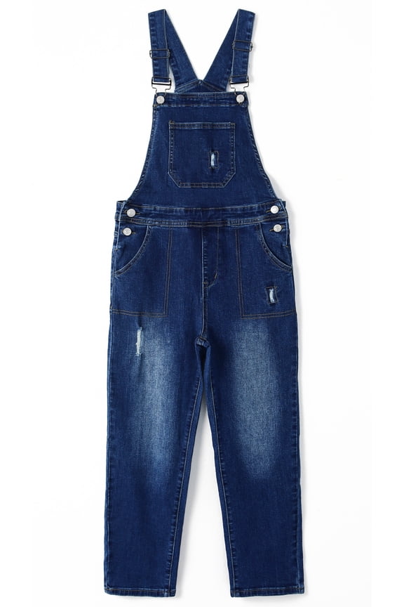 Big Boys Denim Overalls,Ripped Holes Elastic Band Inside Jeans Workwear,Blue,9-10 Years