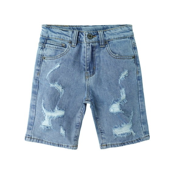 KIDSCOOL SPACE Big Boys Denim Shorts,Elastic Waistband Inside Ripped Holes Stretch Jeans Summer Wear, Light Blue, 10-11 Years