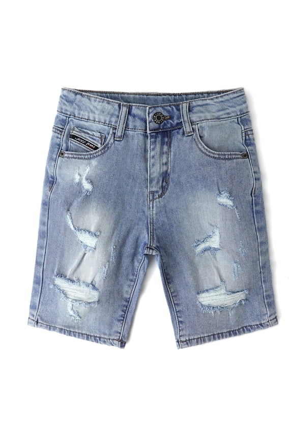 KIDSCOOL Boys Denim Shorts 12M-13T Ripped Scratches Jean Half Pants Bottoms, Light Blue, 8-9 Years