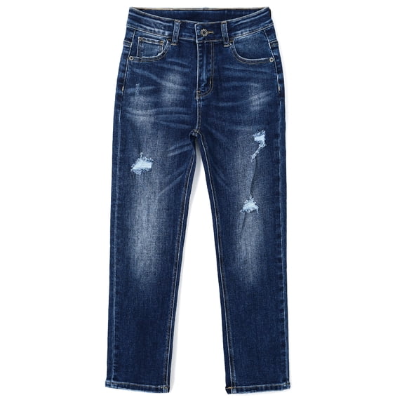 KIDSCOOL SPACE Big Boys Jeans,Elastic Band Inside Ripped Slim Fit Denim Pants,Deep Blue,8-9 Years