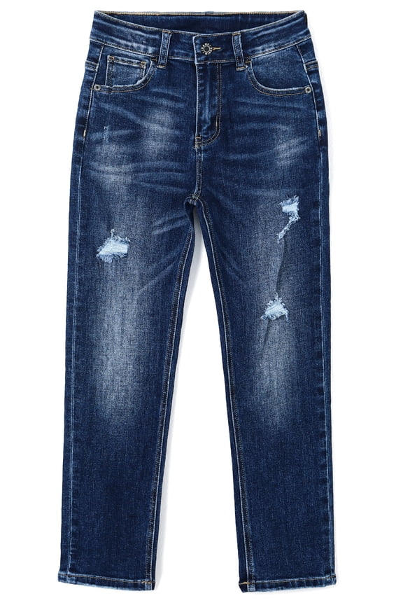 Big Boys Jeans,Elastic Band Inside Ripped Slim Fit Denim Pants,Deep Blue,8-9 Years