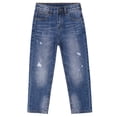 thumbnail image 1 of KIDSCOOL SPACE Big Boys Jeans,Elastic Band Inside Ripped Straight Line Denim Pants,Deep Blue,10-11 Years, 1 of 6