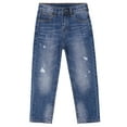 thumbnail image 1 of KIDSCOOL SPACE Big Boys Jeans,Elastic Band Inside Ripped Straight Line Denim Pants,Deep Blue,8-9 Years, 1 of 6