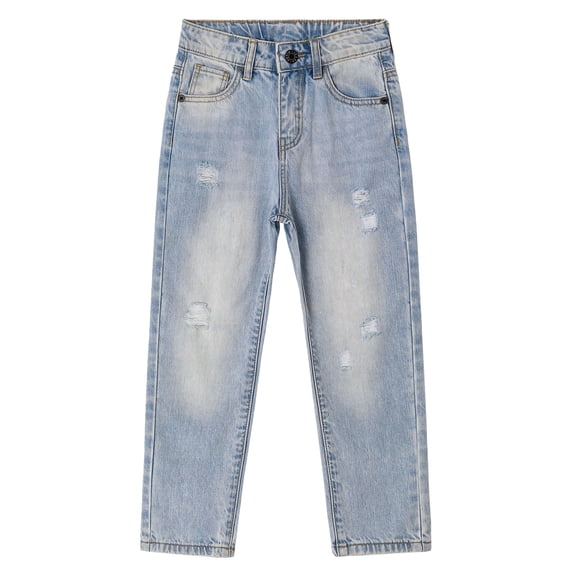 KIDSCOOL SPACE Big Boys Jeans,Elastic Band Inside Ripped Straight Line Denim Pants,Light Blue,12-13 Years