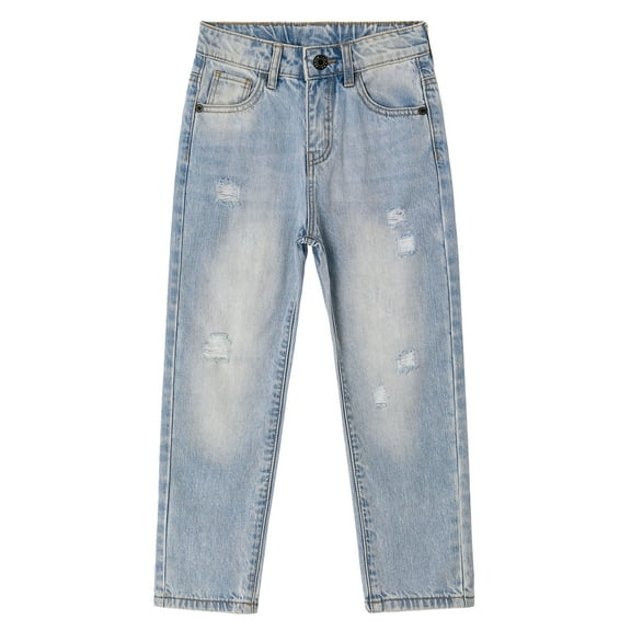 KIDSCOOL SPACE Big Boys Jeans,Elastic Band Inside Ripped Straight Line Denim Pants,Light Blue,9-10 Years