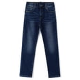 thumbnail image 1 of KIDSCOOL SPACE Big Boys Jeans,Elastic Band Inside Simple Desgin Stretchy Denim Pants,Deep Blue,8-9 Years, 1 of 6