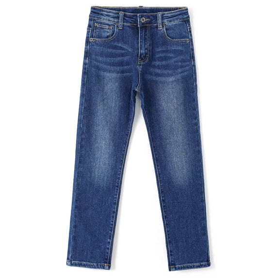 KIDSCOOL SPACE Big Boys Jeans,Elastic Band Inside Simple Desgin Stretchy Denim Pants,Mid Blue,7-8 Years