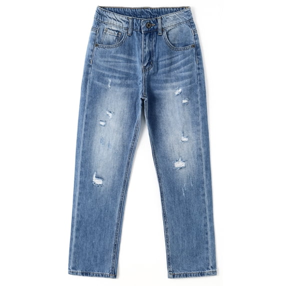 KIDSCOOL SPACE Big Boys Jeans,Kids Elastic Band Inside Ripped Denim Pants,Light Blue,9-10 Years