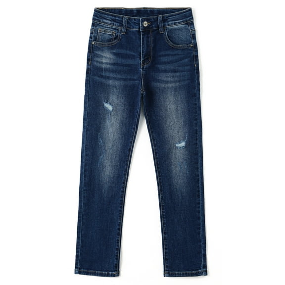 KIDSCOOL SPACE Big Boys Jeans,Kids Elastic Band Inside Ripped Holes Denim Pants,Deep Blue,9-10 Years