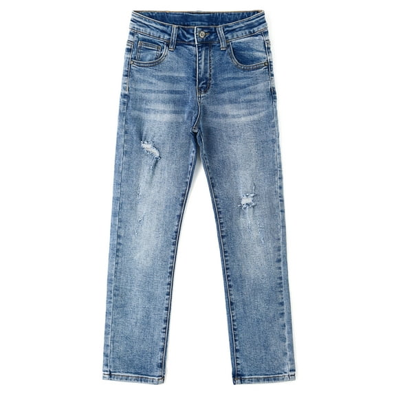 KIDSCOOL SPACE Big Boys Jeans,Kids Elastic Band Inside Ripped Holes Denim Pants,Light Blue,11-12 Years